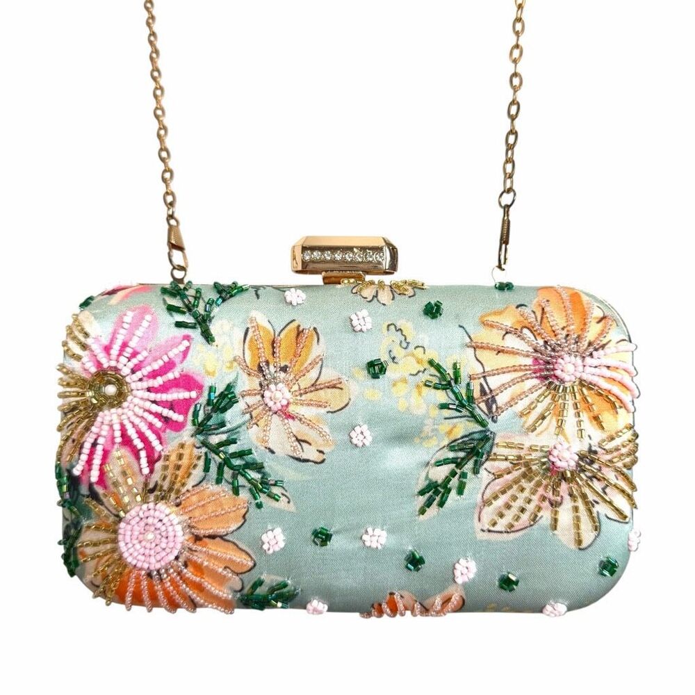 Crossbody Clutch Bag Green Floral Beaded Embellished Satin Chain Strap Purse